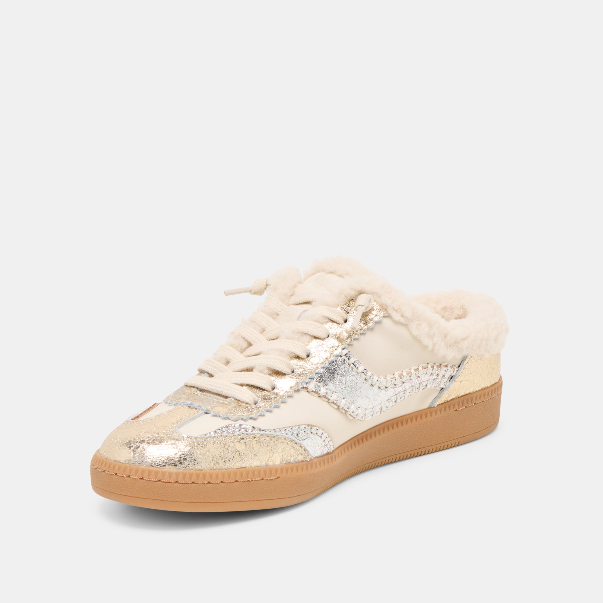 NOTICE SLIDE PLUSH SILVER GOLD CRACKLED LEATHER