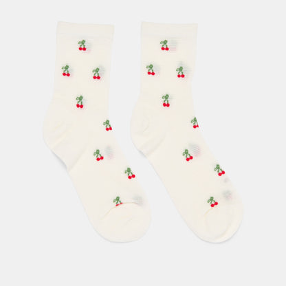 CHERRY WAFFLE KNIT SOCKS WHITE RED
