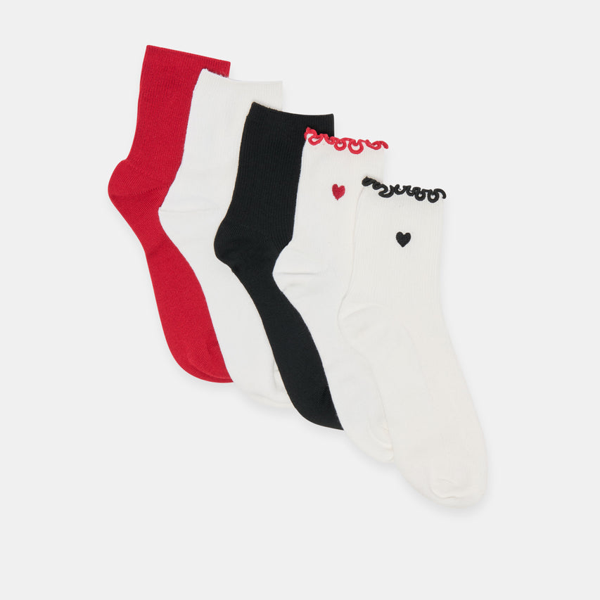 5 PACK EMBROIDERED RIB ANKLET SOCKS WHITE BLACK MULTI