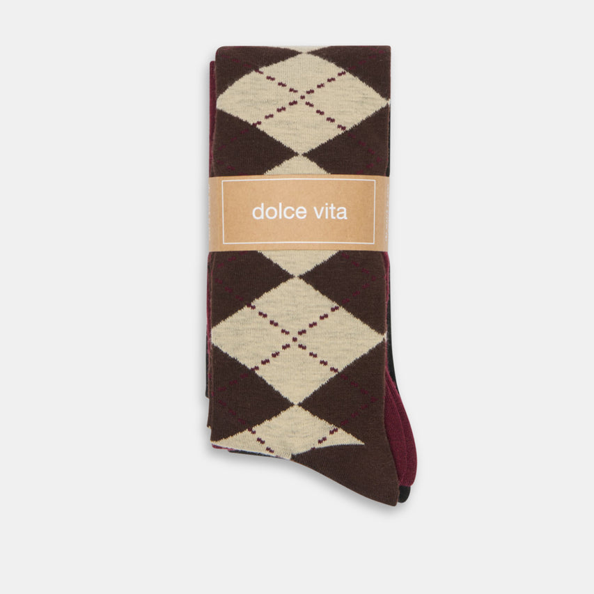 3 PACK ARGYLE KNEE HIGH SOCKS BROWN MULTI