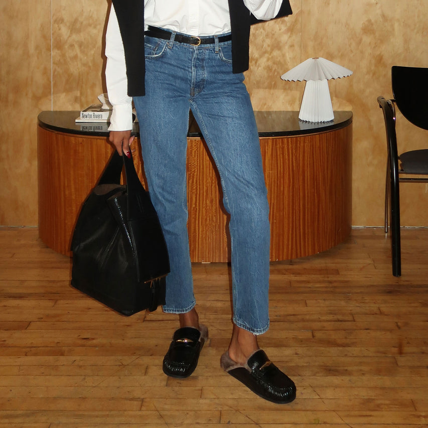 JODERO PLUSH FLATS BLACK LEATHER