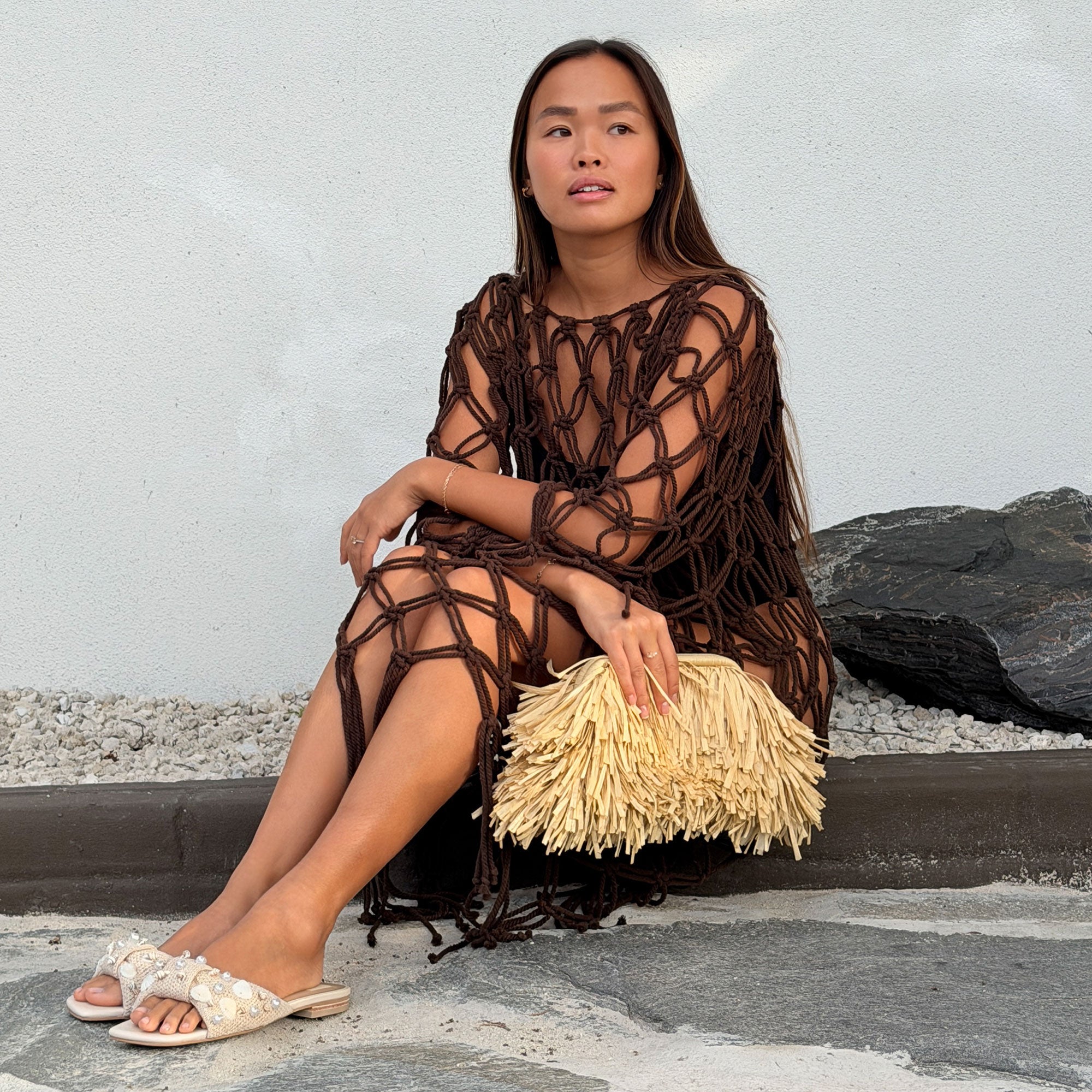 LIZZA SANDALS OATMEAL BEADED RAFFIA