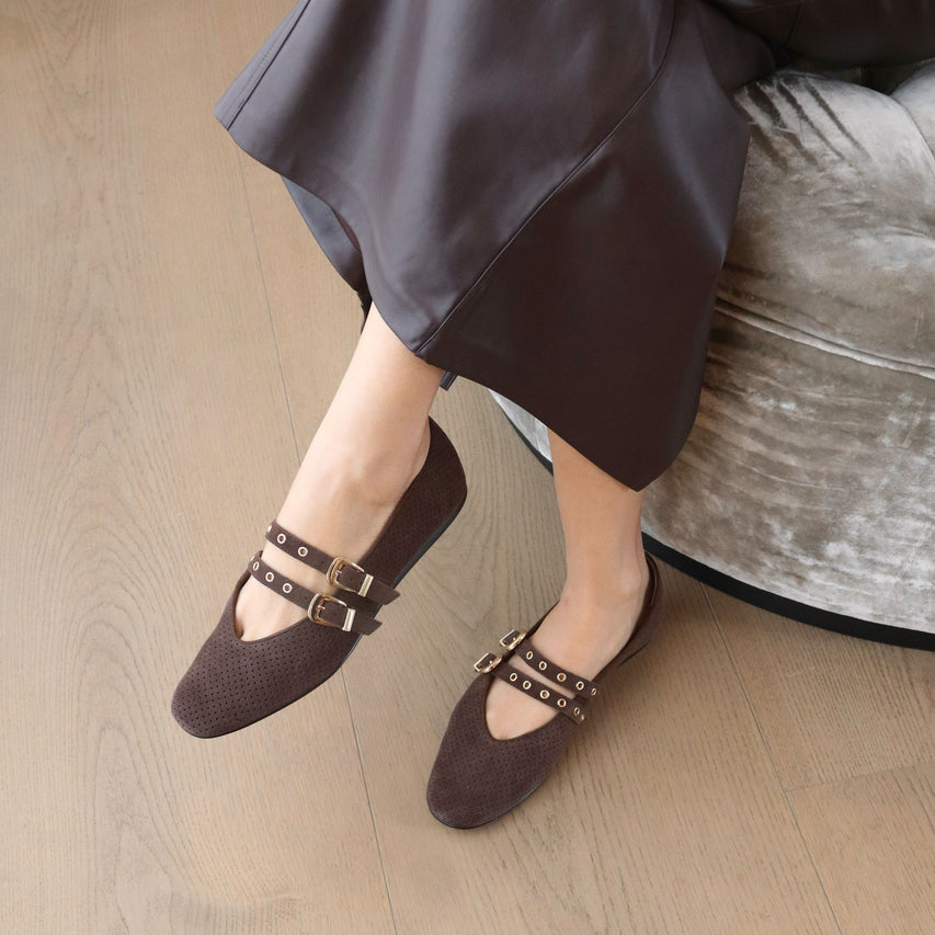 BAYLEE GROMMET BALLET FLATS DK BROWN PERFORATED SUEDE