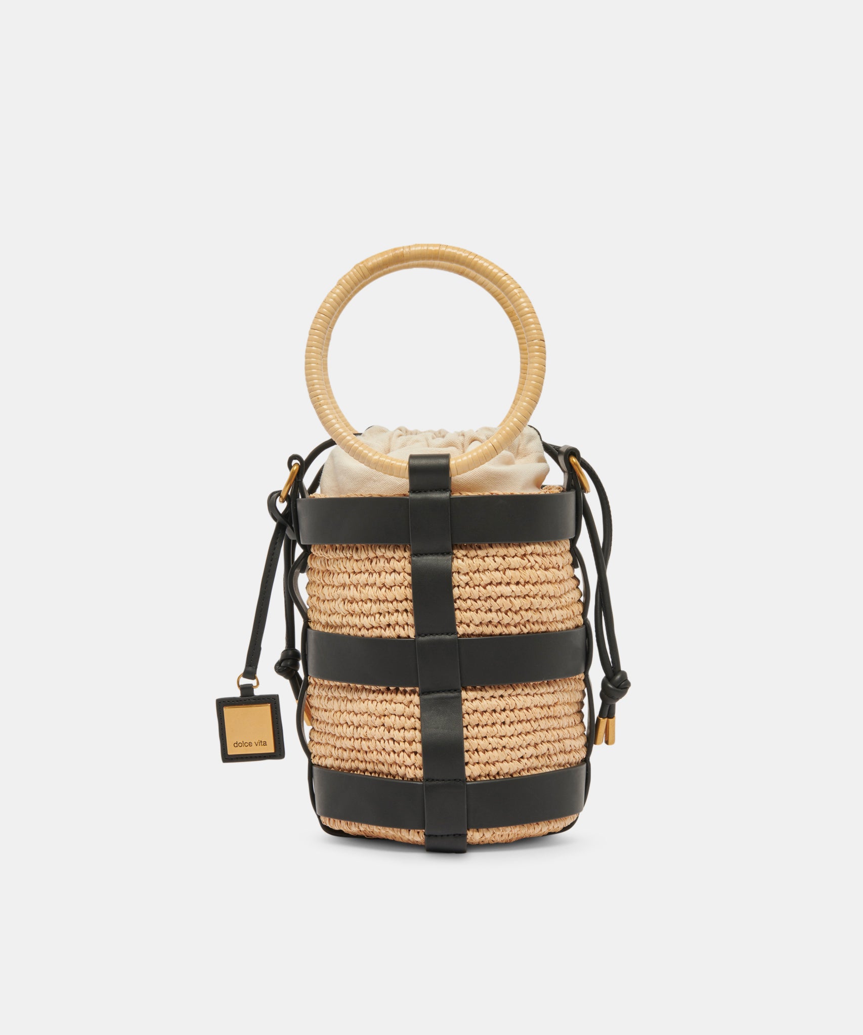 SHAENA BUCKET BAG BLACK NATURAL RAFFIA